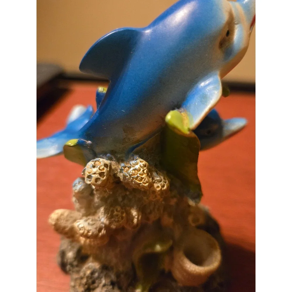 Vintage Blue Dolphin Pair Figurine Coral Reef Ocean Decor Resin Statue 5 Inch